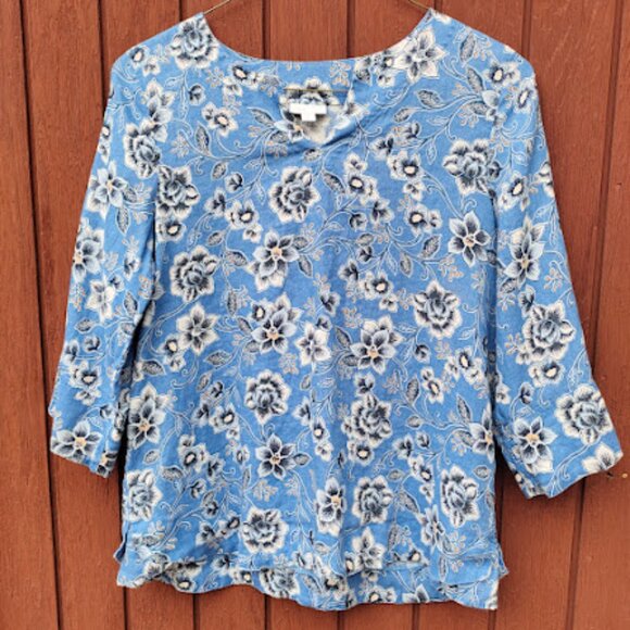 J. JILL | Love Linen Blue Floral 3/4 Sleeve Split Neck Tunic Blouse Coastal LT - Picture 2 of 14